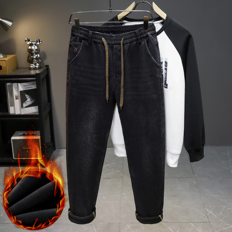 Men'S Fashion Grey Jeans - Heren Winter Nieuwe Fleece Jeans Elastische